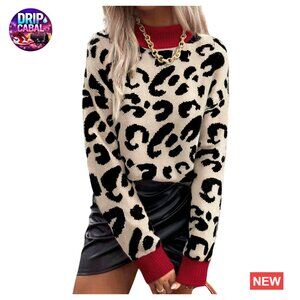 Y2K Leopard Print Mock Neck Pullover Sweater Long Sleeve Knit Top Coquette Style